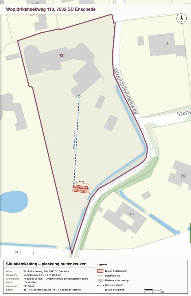 Situatietekening plaatsing buitenkeuken Wooldrikshoekweg 110: perceelsgrens paars, buitenkeuken zuid, persleiding 105,1 m naar de woning